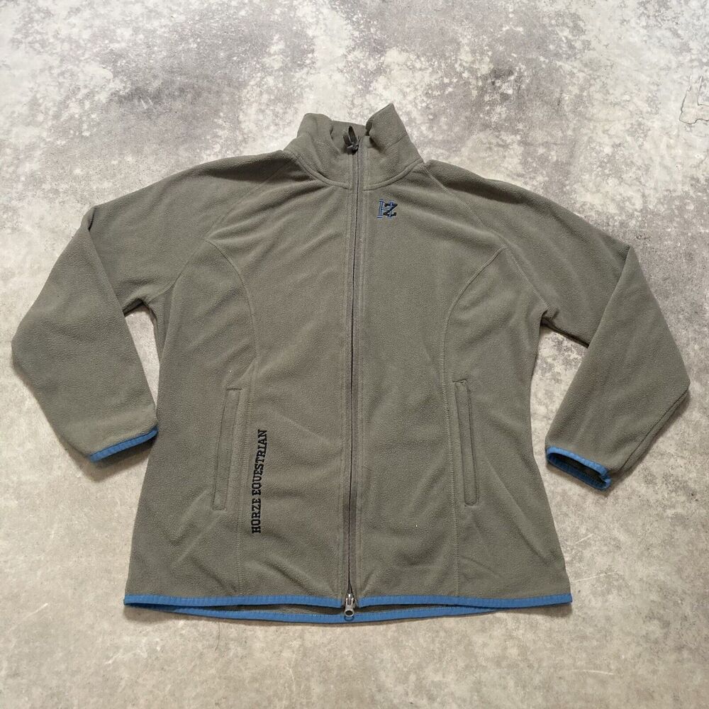 Horze Equestrian Fleece Jacket Womens Size 16 Full Zip Pockets‎ Brown Blue Trim